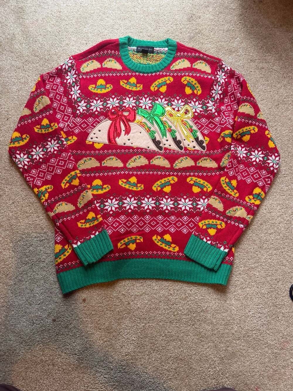 Blizzard Bay Taco Sombrero Ugly Christmas Sweater Size L Red Holiday